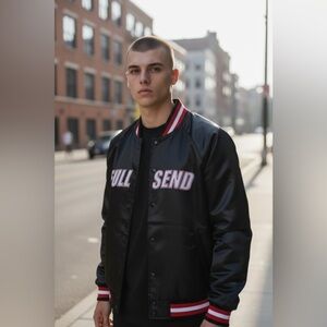 NWT FULL SEND Unisex Black Satin Jack Full Snap Embroidered Logo Jacket - Large